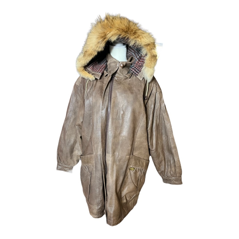 Wild Cats Pelsnoer Denmark Women Brown Leather Plaid Lining Hooded Jacket Coat L - Picture 2 of 16